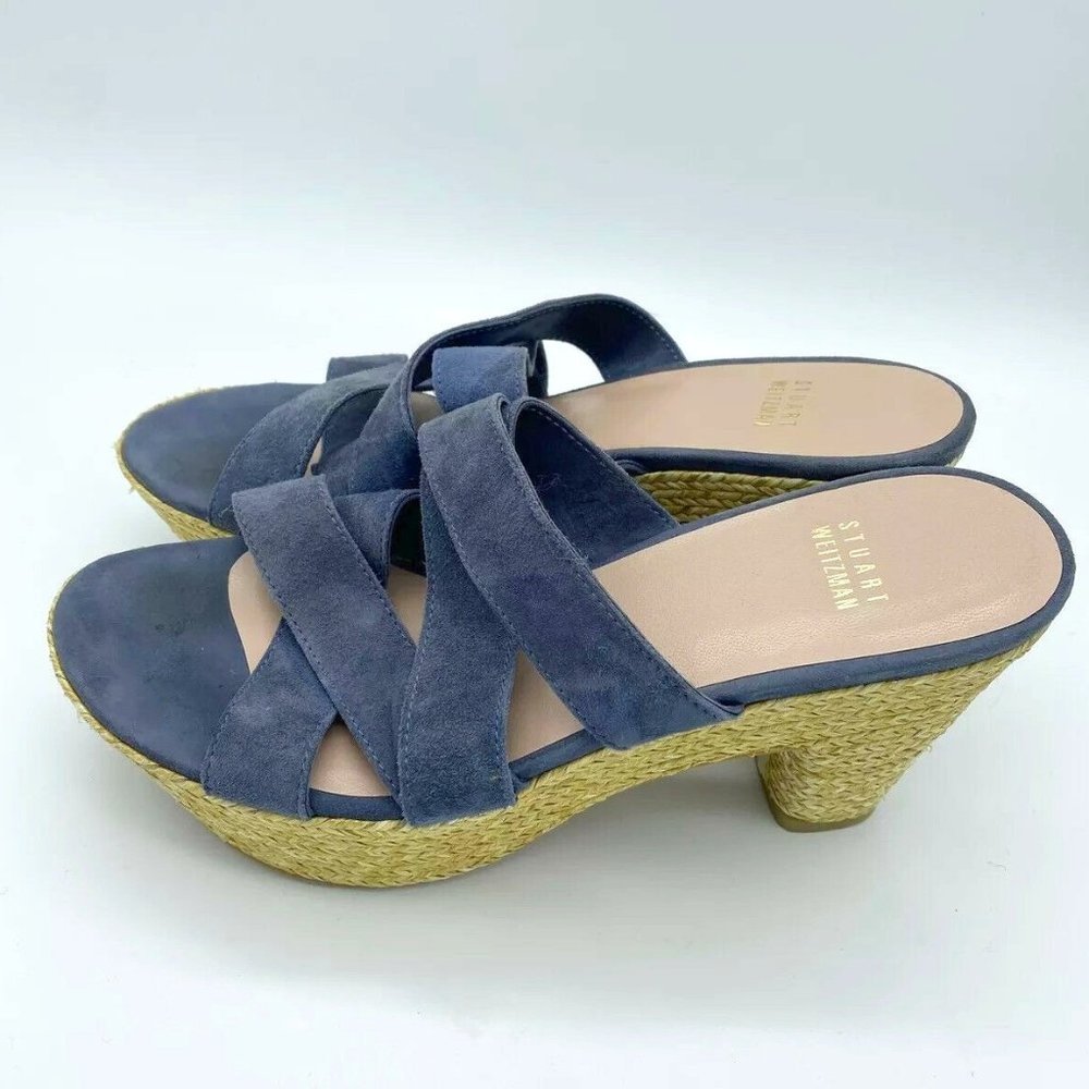 Stuart Weitzman Sliderules Strappy Leather Wedge Slides Size 8 Navy Suede